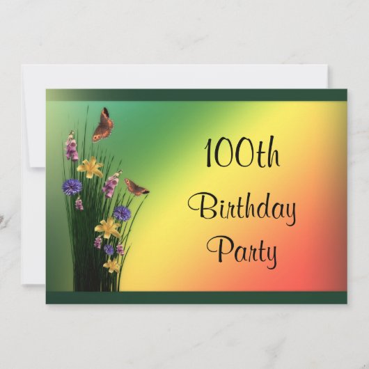 草の茂る花束と蝶100誕生日 招待状 (正面)