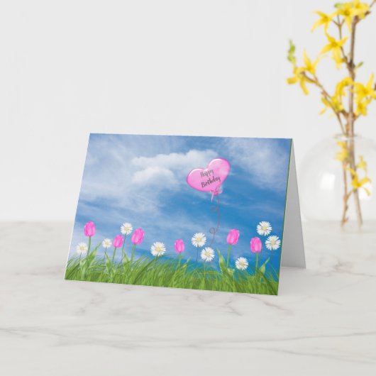 草の誕生日のチューリップとデイジー カード (黄色い花)