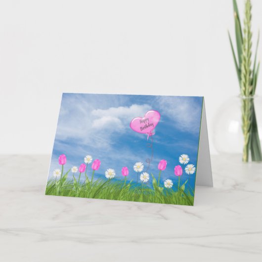 草の誕生日のチューリップとデイジー カード (正面)