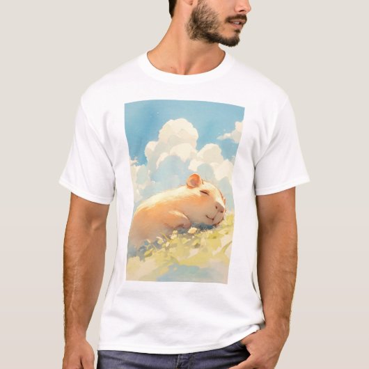 草むらでくつろぐカピバラ Tシャツ (正面)