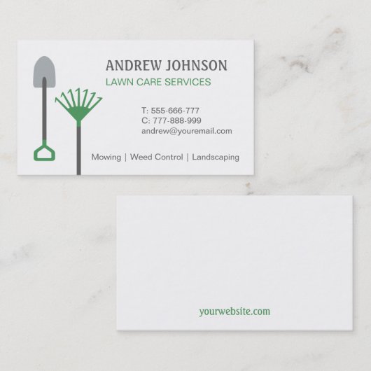 草刈り用の道具スペードとレーキ·ローン気に 名刺 (正面/裏面)