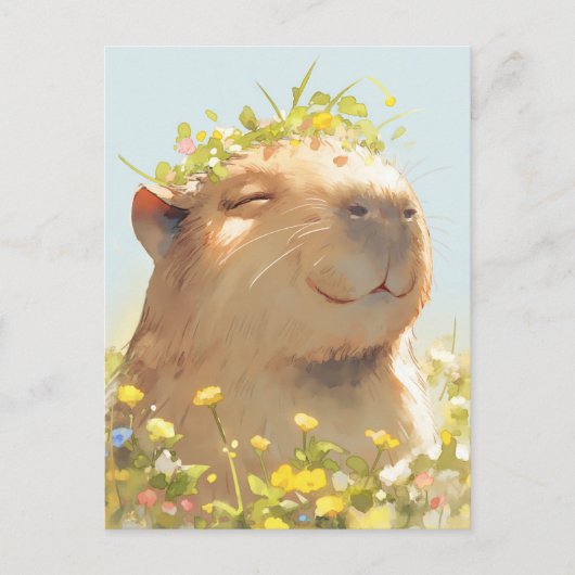 草原で緑の野の花の冠をかぶったカピバラ ポストカード (正面)
