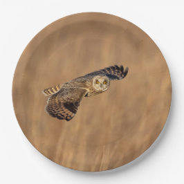 草原で飛行している短い耳のフクロウ ペーパープレート