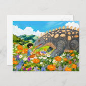 草原に恐竜とアニメボーイのピクニック シーズンポストカード (正面/裏面)