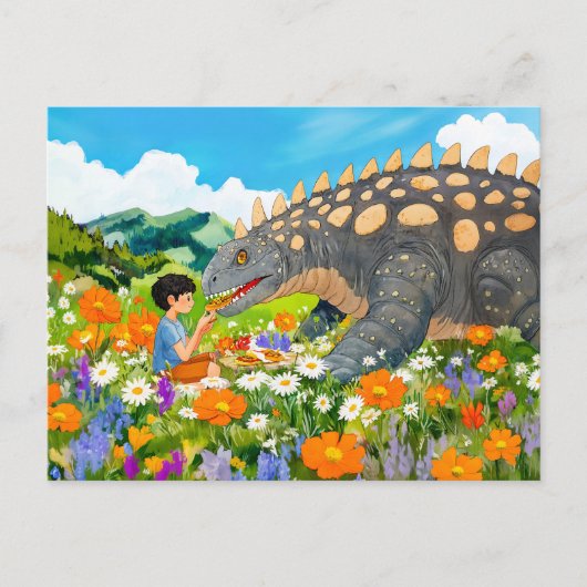 草原に恐竜とアニメボーイのピクニック シーズンポストカード (正面)