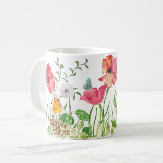 草原のマグの水彩画のケシ コーヒーマグカップ (正面左)