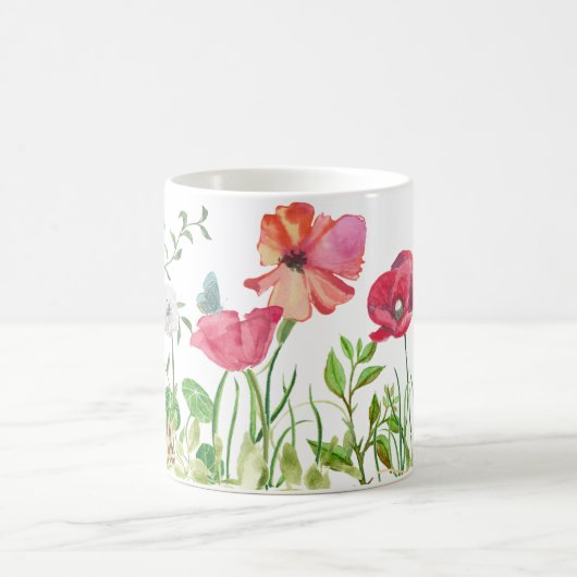草原のマグの水彩画のケシ コーヒーマグカップ (中央)
