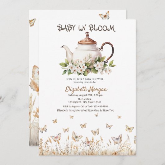 草原の蝶とポット 赤ちゃん歓迎パーティー 招待状 (正面/裏面)