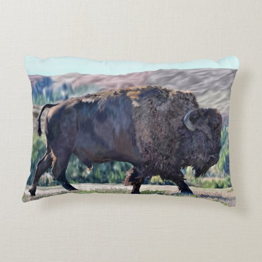 草原の設定でアメリカのバイソンローミング アクセントクッション (裏面)