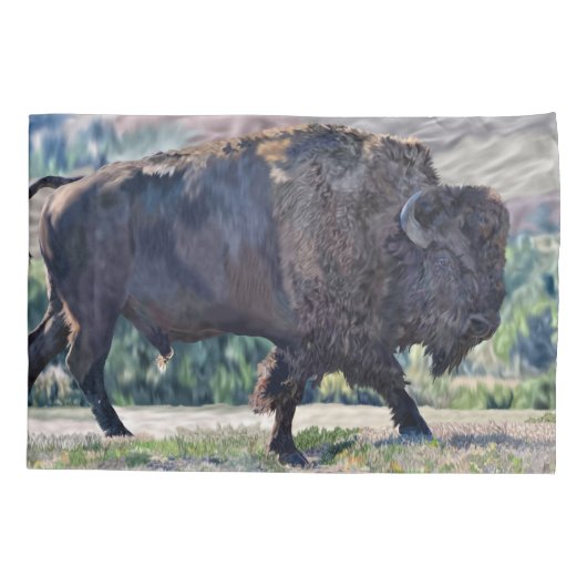 草原の設定でアメリカのバイソンローミング 枕カバー (裏面)