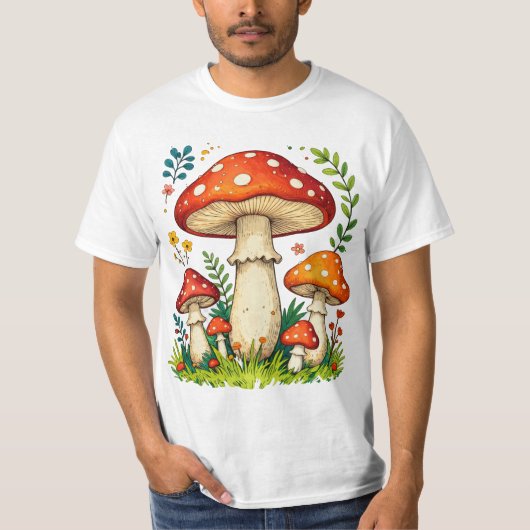 草原の野生のキノコと花 Tシャツ (正面)