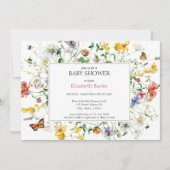 草原の野花、ミツバチ、蝶の赤ちゃんシャワー 招待状 (正面)