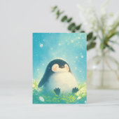 草原の雪原に佇む幸せなペンギンの赤ちゃん ポストカード (スタンド正面)