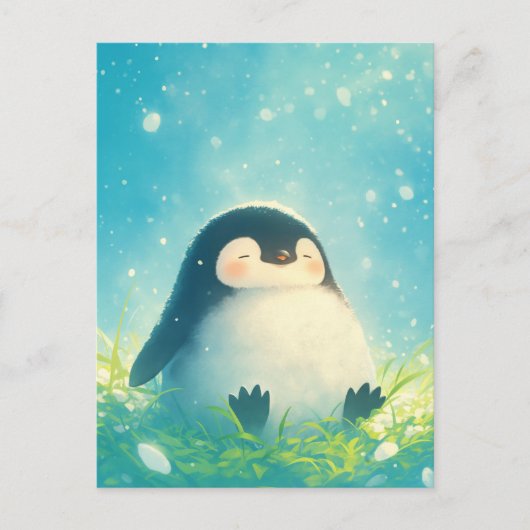 草原の雪原に佇む幸せなペンギンの赤ちゃん ポストカード (正面)