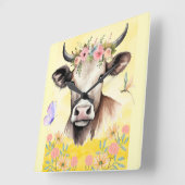 草地に咲くウマ スクエア壁時計 (傾斜)