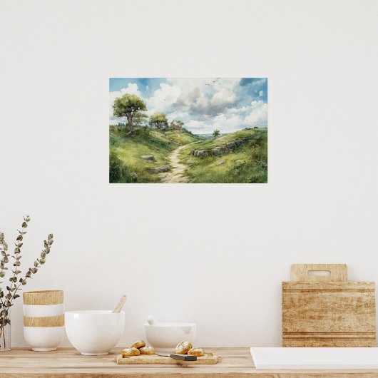 草地を通る水の色の巻き道 ポスター (キッチン)
