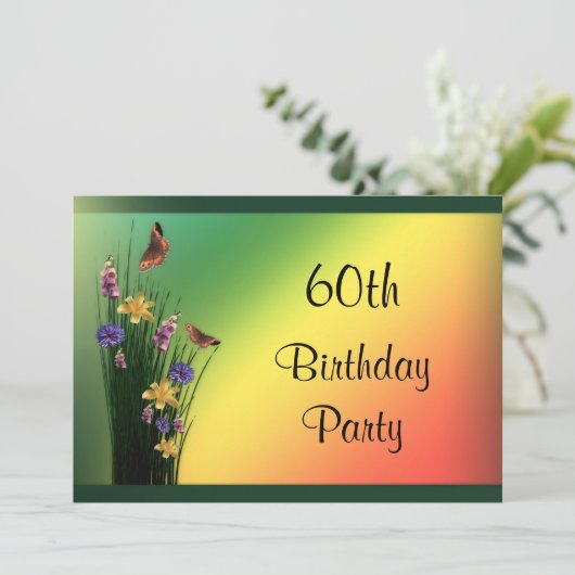 草木の花束と蝶60誕生日 招待状 (スタンド正面)