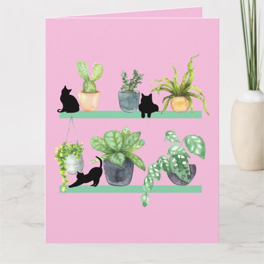 草木も猫も黒猫や鉢植え カード (正面)