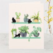 草木も猫も黒猫や鉢植え カード (黄色い花)