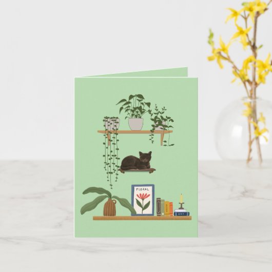 草木、猫、本 – 猫の美意識 カード (黄色い花)