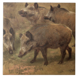 草深い風景の中の4つの猪(Rosa Bonheur) タイル