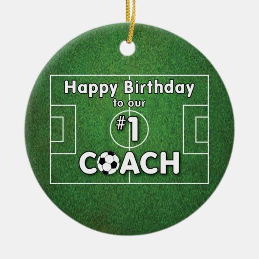 草球付きサッカーコーチ誕生日 セラミックオーナメント (正面)