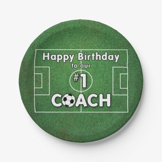 草球付きサッカーコーチ誕生日 ペーパープレート (正面)