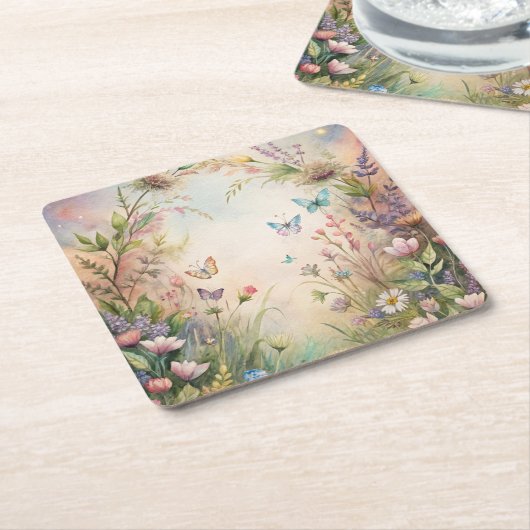 草花と蝶 スクエアペーパーコースター (アングル)