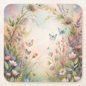 草花と蝶 スクエアペーパーコースター (正面)