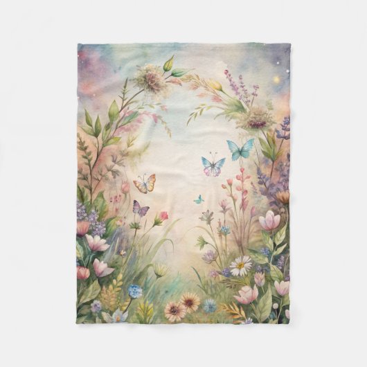 草花と蝶 フリースブランケット (正面)