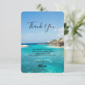 草葺き小屋を持つゴージャスブルーの熱帯ビーチ サンキューカード (スタンド正面)