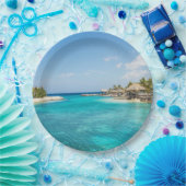 草葺き小屋を持つゴージャスブルーの熱帯ビーチ ペーパープレート (パーティー)