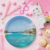 草葺き小屋を持つゴージャスブルーの熱帯ビーチ ペーパープレート (パーティー)