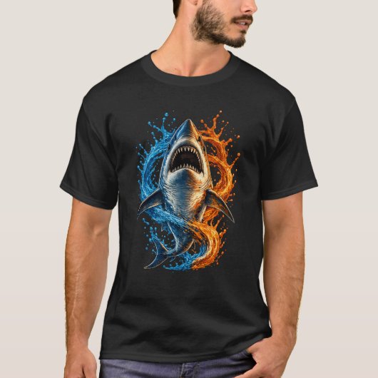 荒々しいサメのスプラッシュデザイン - 青とオレンジの海P Tシャツ (正面)
