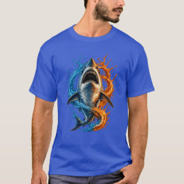 荒々しいサメのスプラッシュデザイン - 青とオレンジの海P Tシャツ