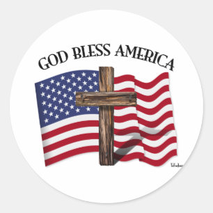 荒々しい十字架とアメリカ国旗のGOD BLESS AMERICA ラウンドシール