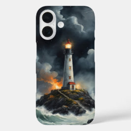 荒れた海の夜の灯台カバー iPhone 16ケース
