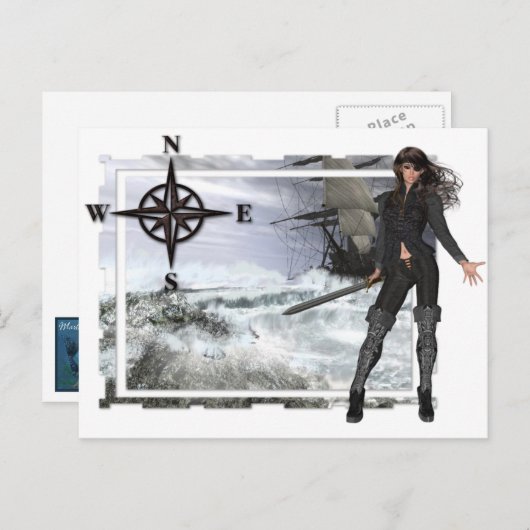 荒れた海を持つ海賊デザイン ポストカード (正面/裏面)