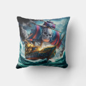 荒れカラフル狂う海と戦う海賊船 クッション (裏面)