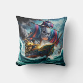 荒れカラフル狂う海と戦う海賊船 クッション (正面)