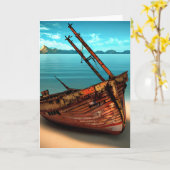 荒れ果てたボートを捨てられたサンディビーチ カード (黄色い花)