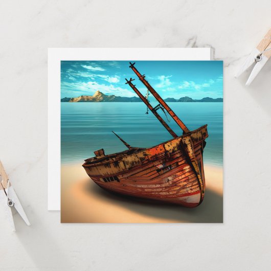 荒れ果てたボートを捨てられたサンディビーチ カード (正面/裏面インサイチュ)