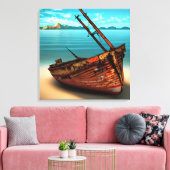荒れ果てたボートを捨てられたサンディビーチ キャンバスプリント (インサイチュ (リビング))
