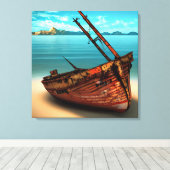 荒れ果てたボートを捨てられたサンディビーチ キャンバスプリント (インサイチュ (ウッドフロア))