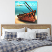荒れ果てたボートを捨てられたサンディビーチ キャンバスプリント (インサイチュ (寝室))