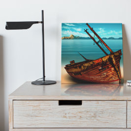 荒れ果てたボートを捨てられたサンディビーチ メタルプリント