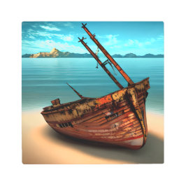 荒れ果てたボートを捨てられたサンディビーチ メタルプリント