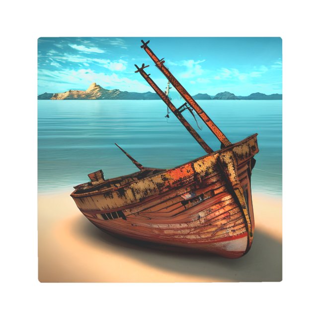 荒れ果てたボートを捨てられたサンディビーチ メタルプリント (正面)