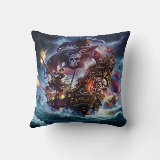 荒れ狂う夕暮れの海賊船 クッション (裏面)