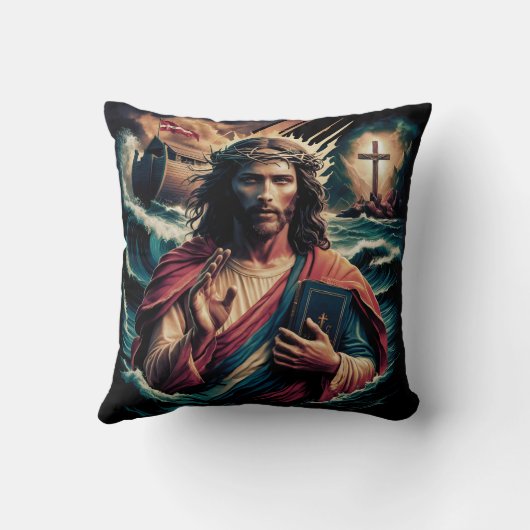 荒れ狂う波の中でイエスは本を持って クッション (裏面)